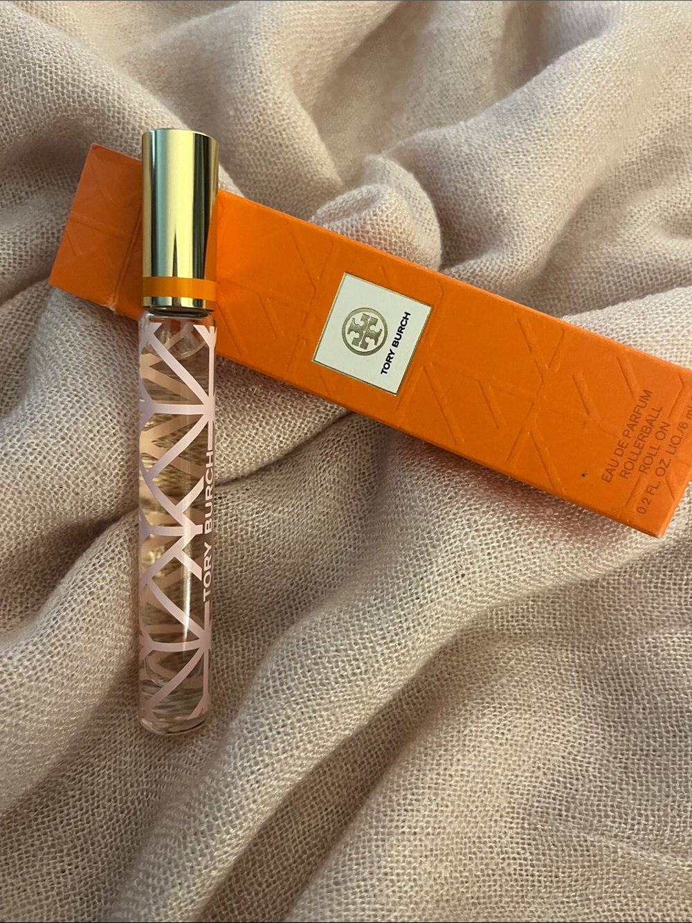 Tory Burch Rollerball Perfume with Gold Cap and Orange Box